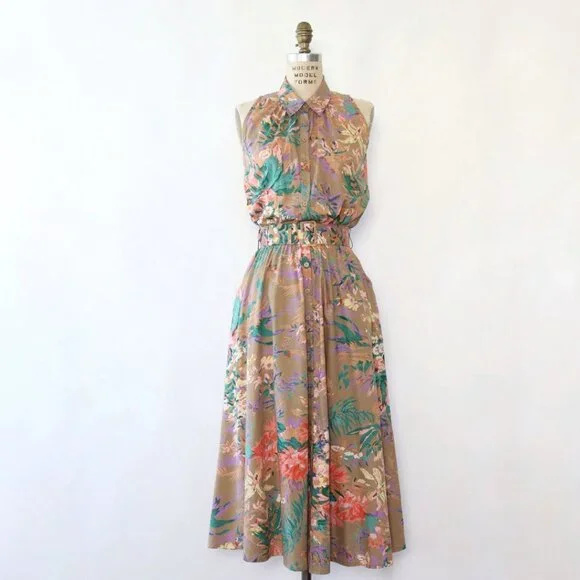 Vintage 1980s/1990s Tan Tropical Floral Belted Midi Dress Small/Medium - Picture 1 of 8